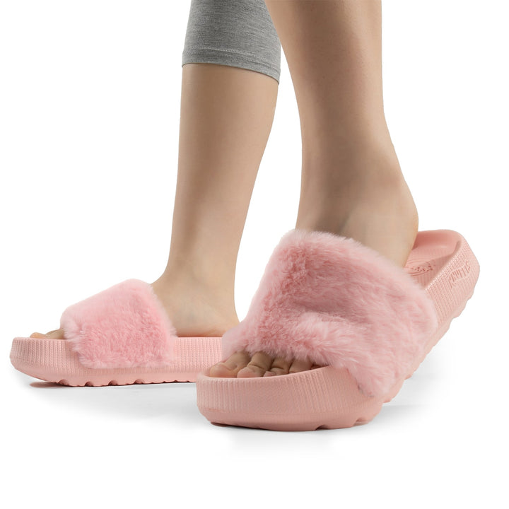 Knuffis Damen Pantoletten mit Fell Schlappen kurz